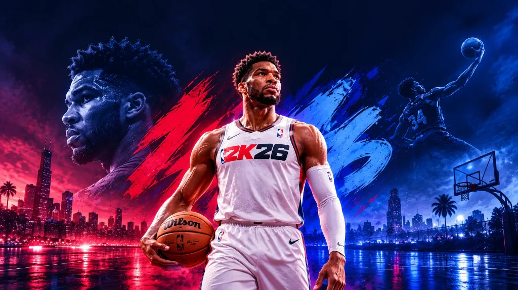 NBA 2K26 banner with a player in a 2K26 jersey holding a basketball, red city skyline on the left and blue outdoor court on the right.